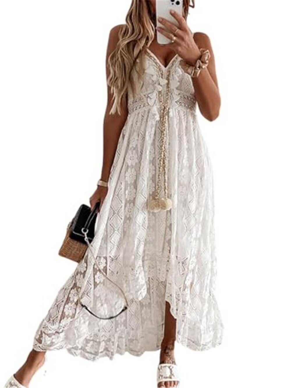 Women's Summer Lace Sundress Adjustable Spaghetti Strap Boho Tassel Midi Dress